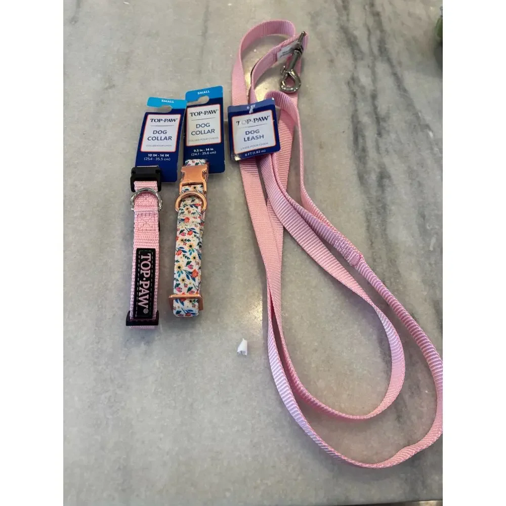 Top Paw Small Dog Collar Leash Bundle Pink Floral 2 Collars 6ft Leash NWT